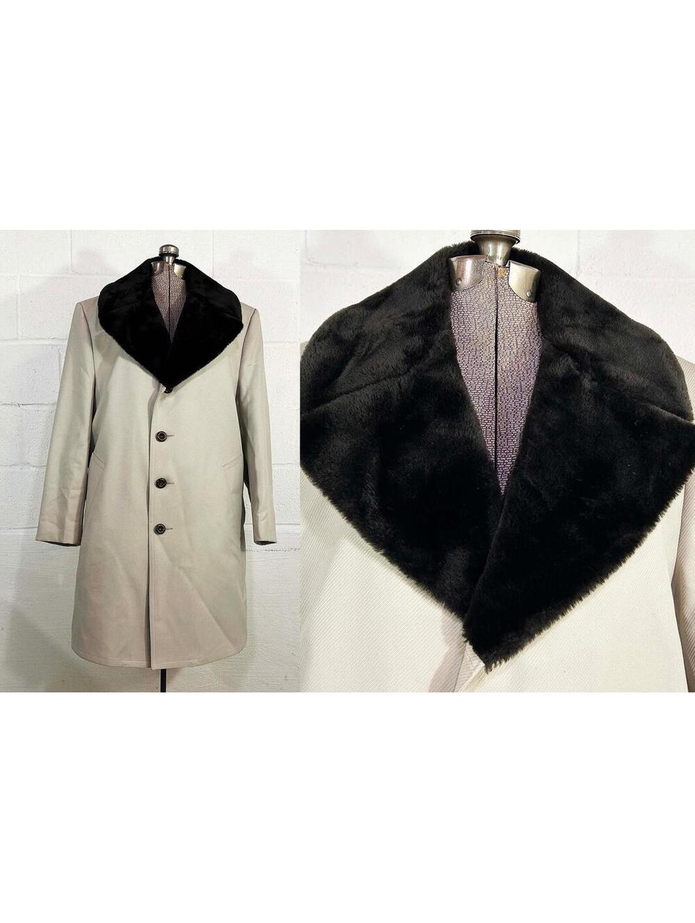 70s Cream Overcoat Faux Fur Collar Lined XL/XXL